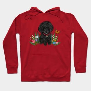 Black Fluffy Poodle Sitting on Grass with Flowers Hoodie